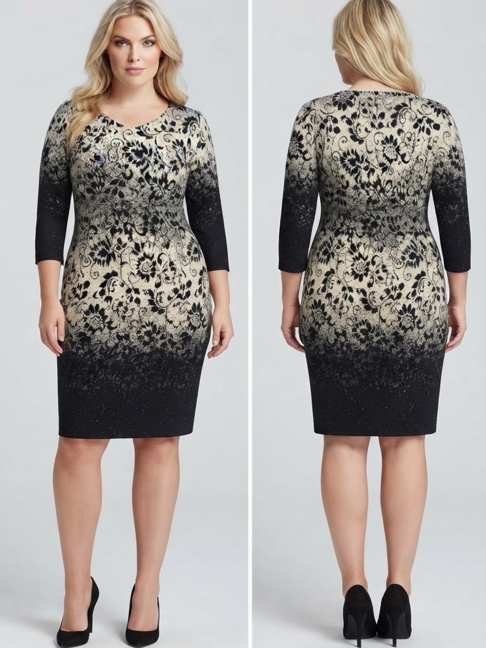 NWT WOMEN DRESS 3/4‎ SLEEVES V-NECK KNEE-LENGTH NAVY OFICCE WEAR CASUAL STRETCHY